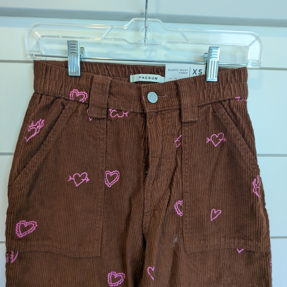 PacSun Heartbreaker Brown Corduroy Cargo Pants Size XS Elastic Waist Straight - Picture 3 of 11